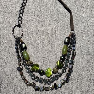 Statement Necklace with glass beads, mother of pearl and leather. LUXURY